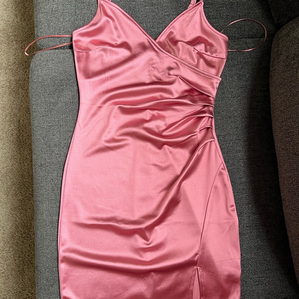 Inspired Hearts Pink Ruched Mini Dress Spaghetti Strap V-Neck